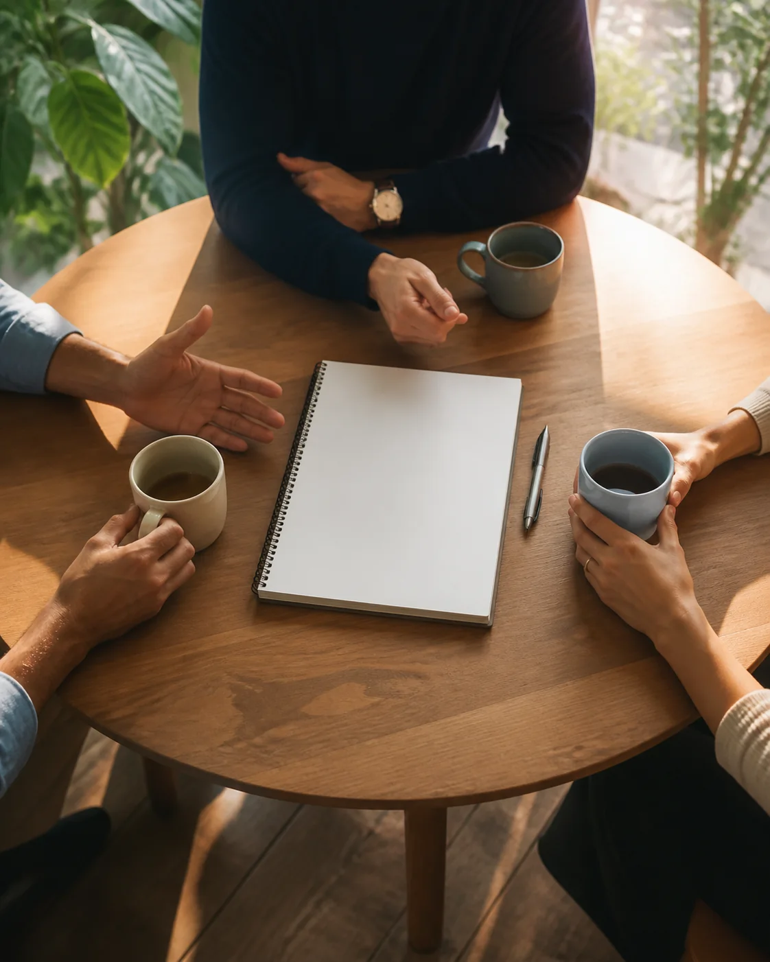 Composição conceitual de três pessoas planejando juntas ao redor de uma mesa
